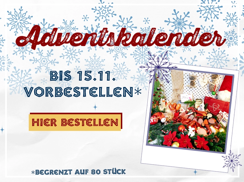 Adventskalender bis zum 15.11. vorbestellen. Hintergrund mit Schneeflocken und verteilt 3 Fotos mit dem Adventskalender.