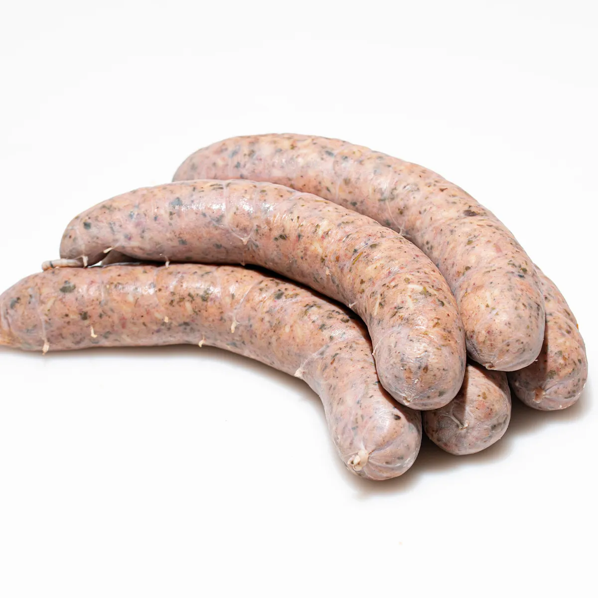 Hurka Reiswurst Leberwurst fünf Stück auf weißem Hintergrund.