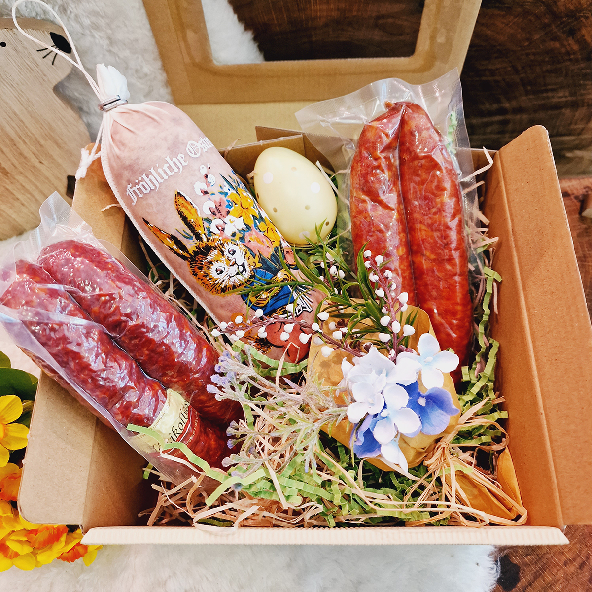 Zarte Ostergrüße Geschenkbox bestellen! Osterpräsentkorb mit milden Wurstspezialitäten in Szene gesetzt mit Osterschmuck.