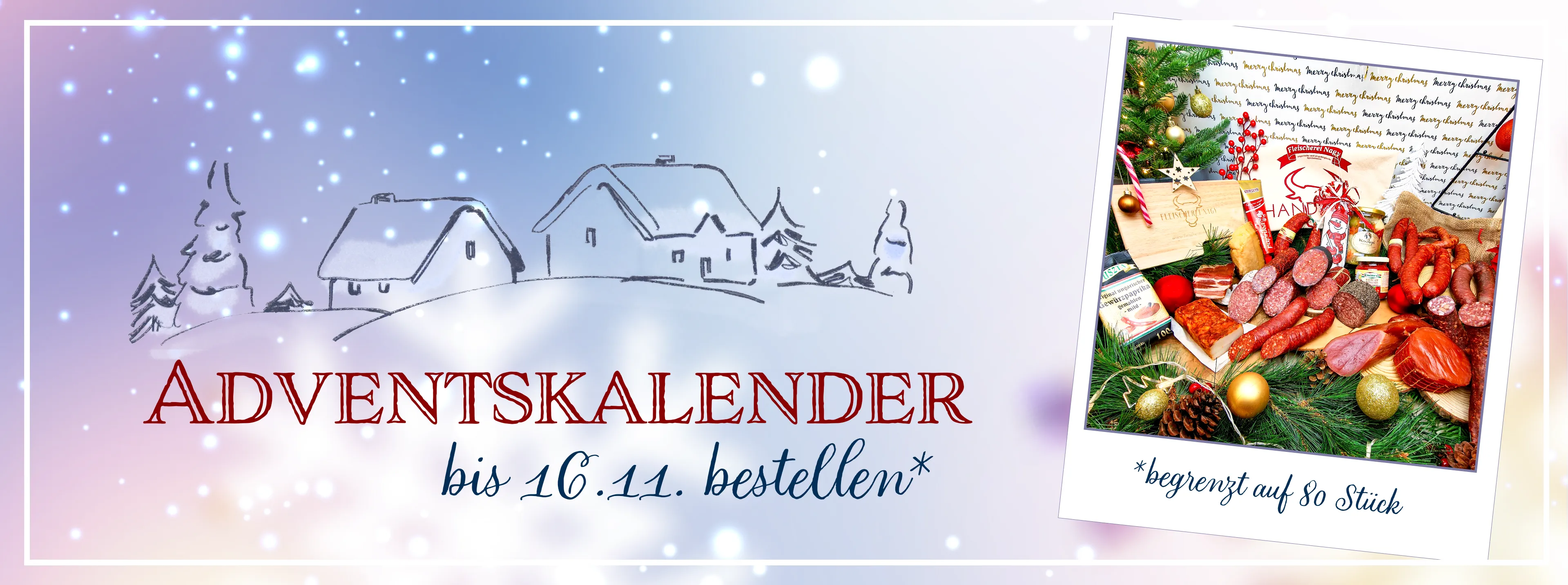 Adventskalender als Polaroid "begrenzt auf 80 Stück" im Hintergrund eine Winterlandschaft.