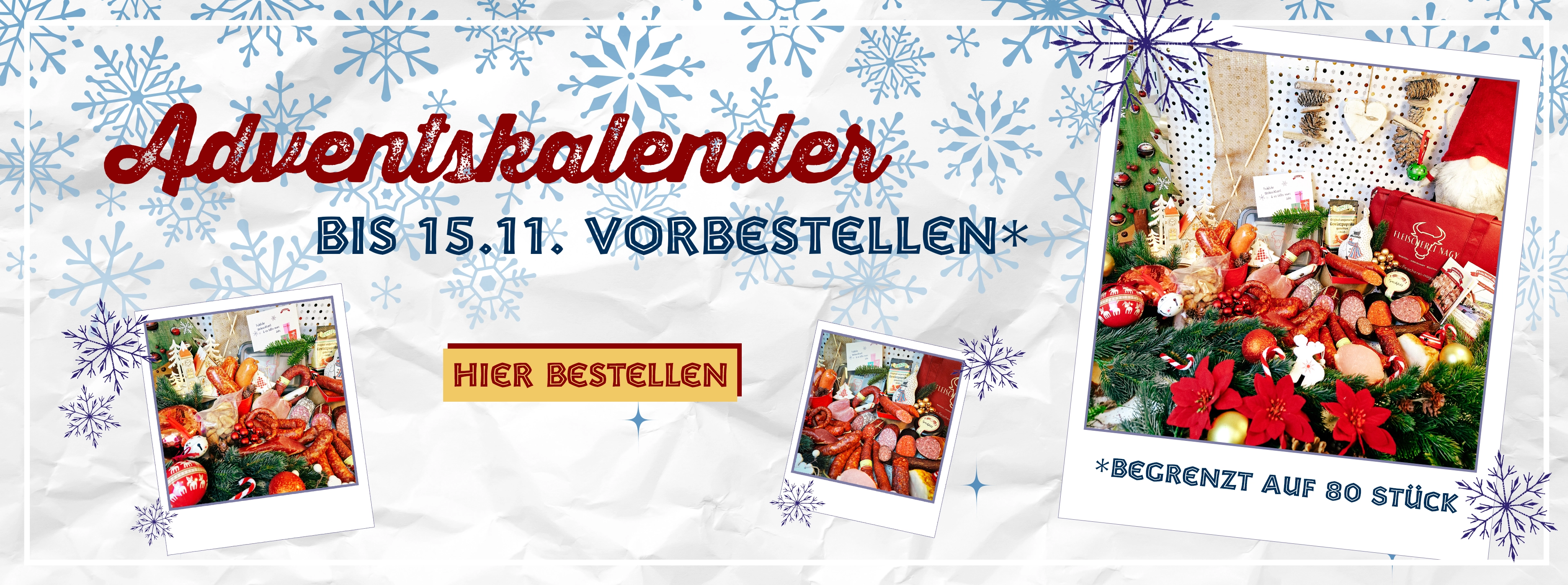 Adventskalender bis zum 15.11. vorbestellen. Hintergrund mit Schneeflocken und verteilt 3 Fotos mit dem Adventskalender.