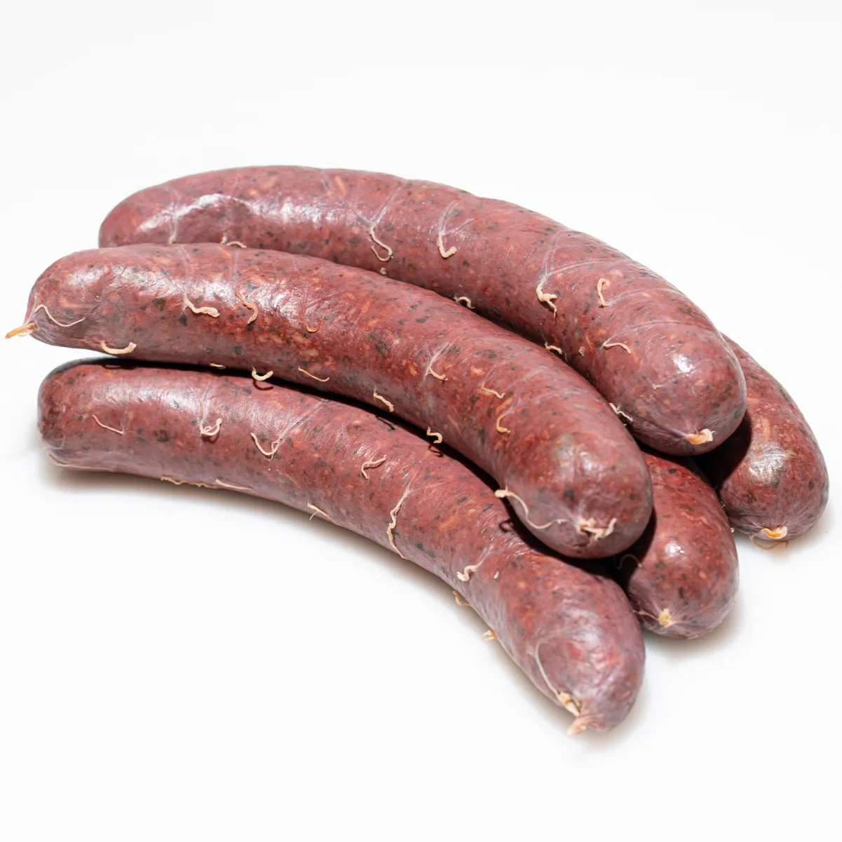 Hurka Reiswurst Blutwurst fünf Stück auf weißem Hintergrund.