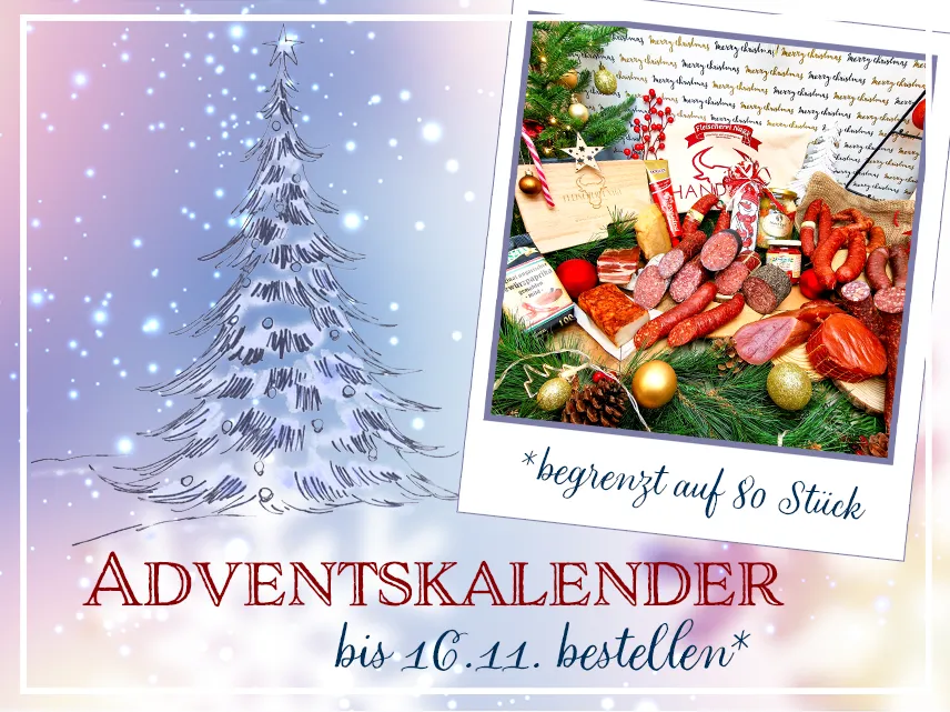 Adventskalender als Polaroid "begrenzt auf 80 Stück" im Hintergrund eine Winterlandschaft.