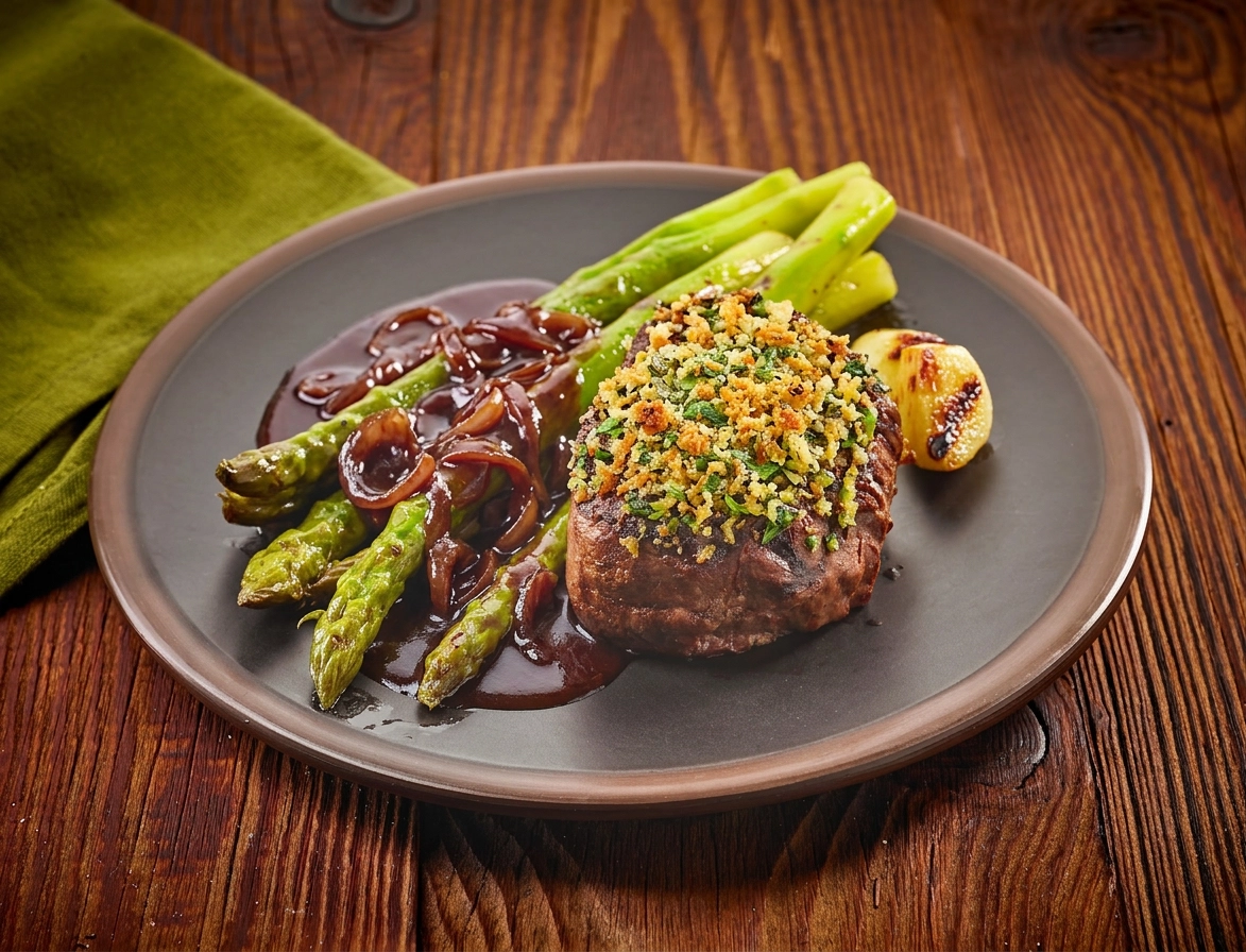 Rinderfilet mir Bärlauchkruste und grünem Spargel