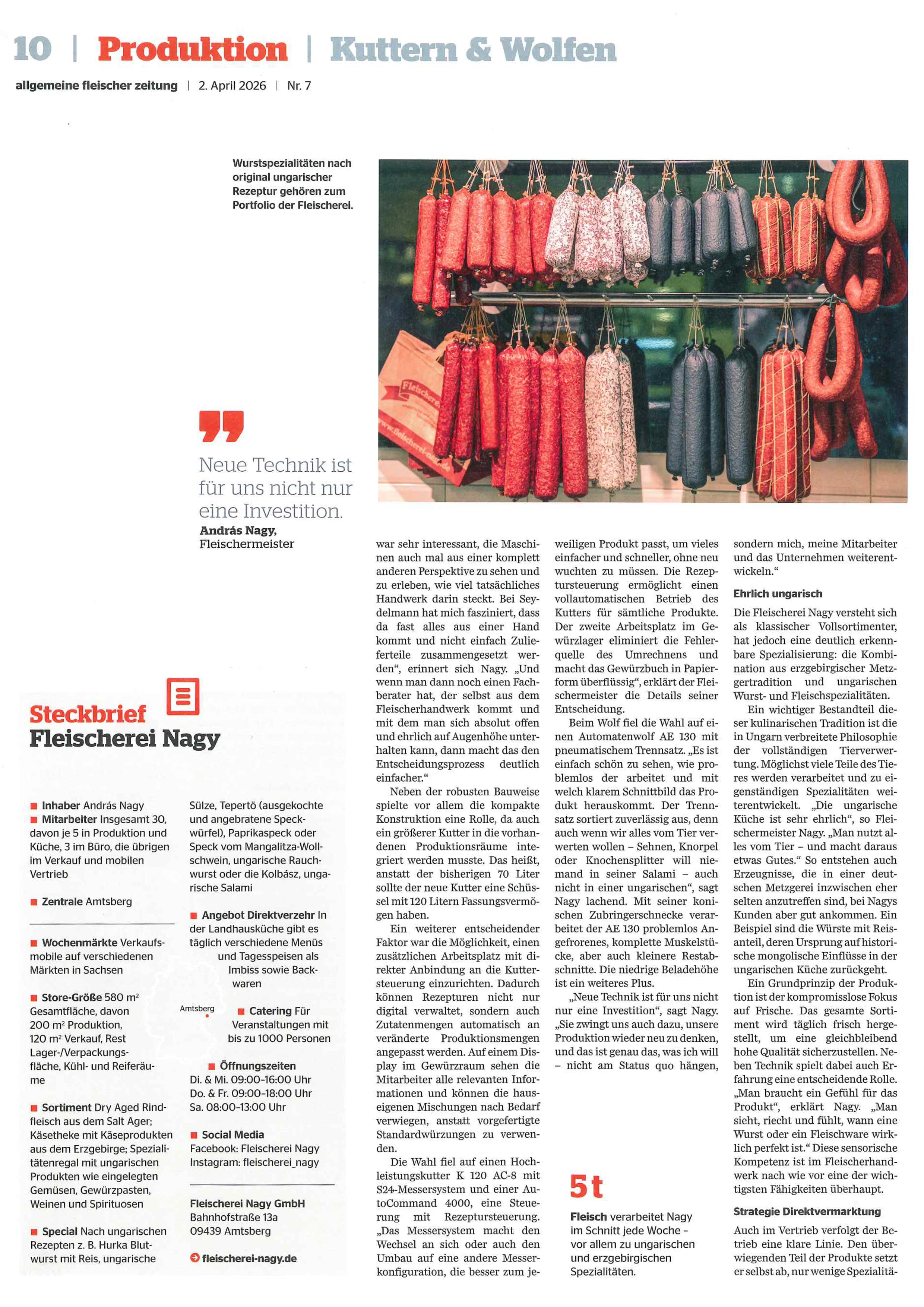 Neben dem Text ist ein Bild den ungarischen und erzgebirgischen Wurstspezialitäten mit der Textunterschrift "Wurstspezialitäten nach original ungarischer Rezeptur gehören zum Portfolio der Fleischerei". Neben dem Artikeltext eine Anmerkung vom András Nagy