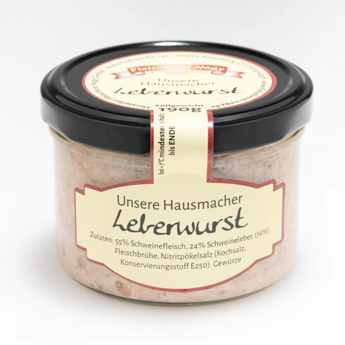 Hausmacher Leberwurst im Glas jetzt probieren und bestellen. Hausmacher Leberwurst im Glas auf weißem Hintergrund.