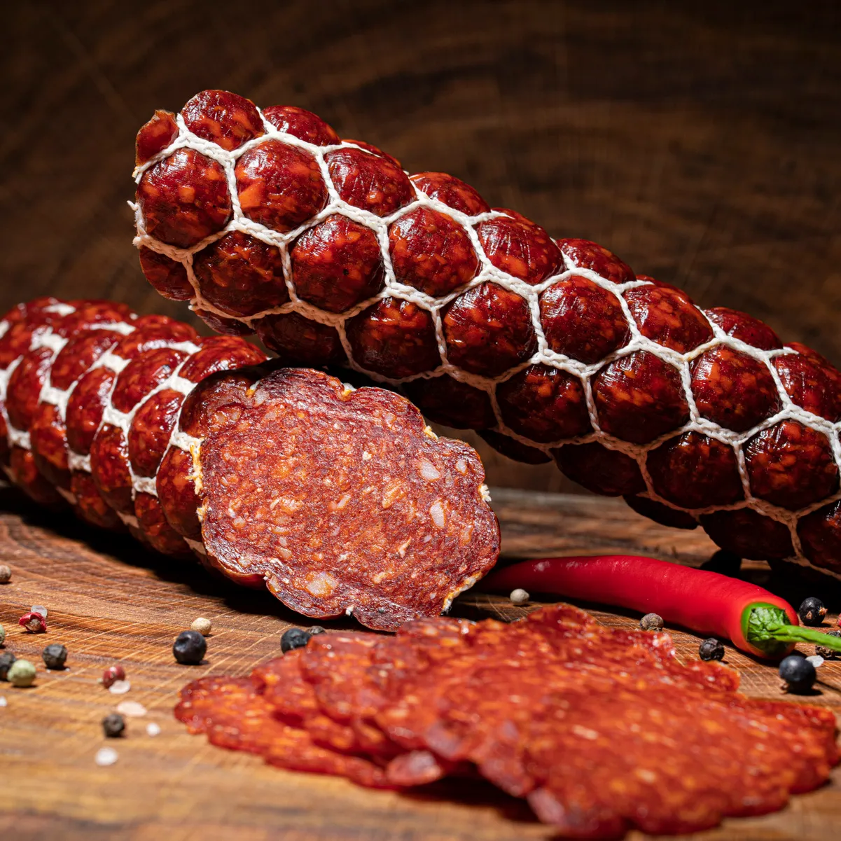 Jetzt unsere scharfe Teufelssalami in groß bestellen! Teufelssalami in groß aufgeschnitten auf Tischplatte.