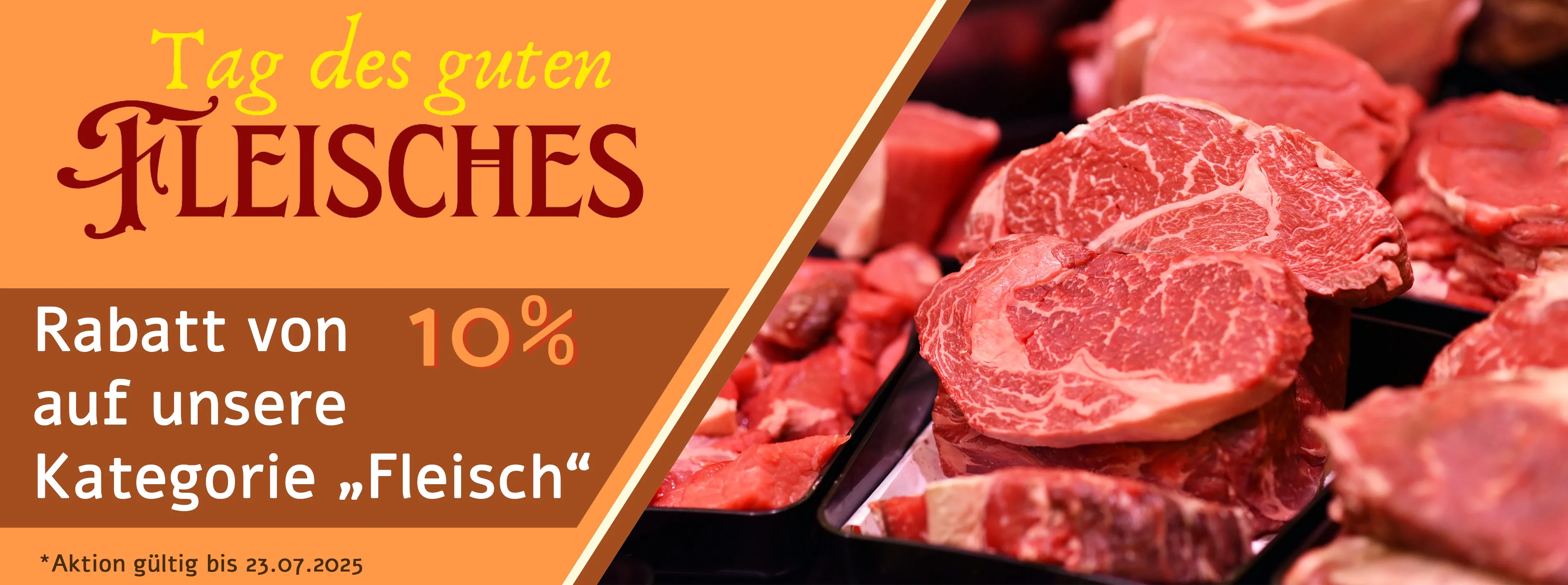 Ein Stück Fleisch auf der einen Seite, auf der anderen steht, dass es auf die Kategorie Fleisch 10% Rabatt gibt.