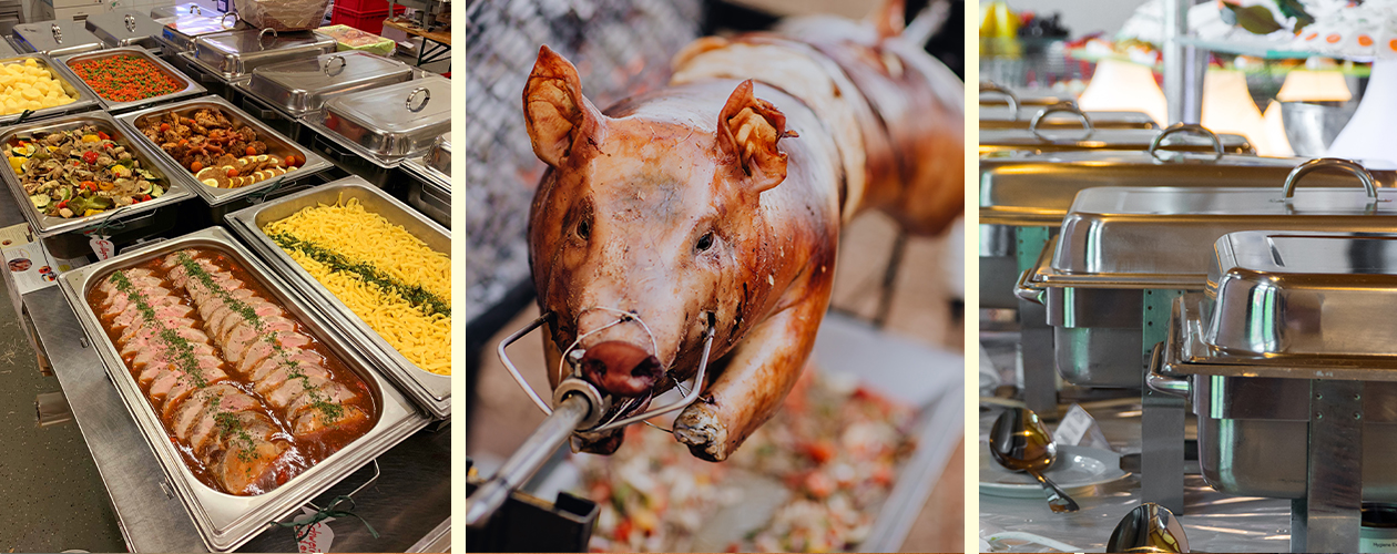 links - Wärmeschalen mit Fleisch und Gemüse, mitte -  Spanferkel, rechts - geschlossene Wärmeschalen