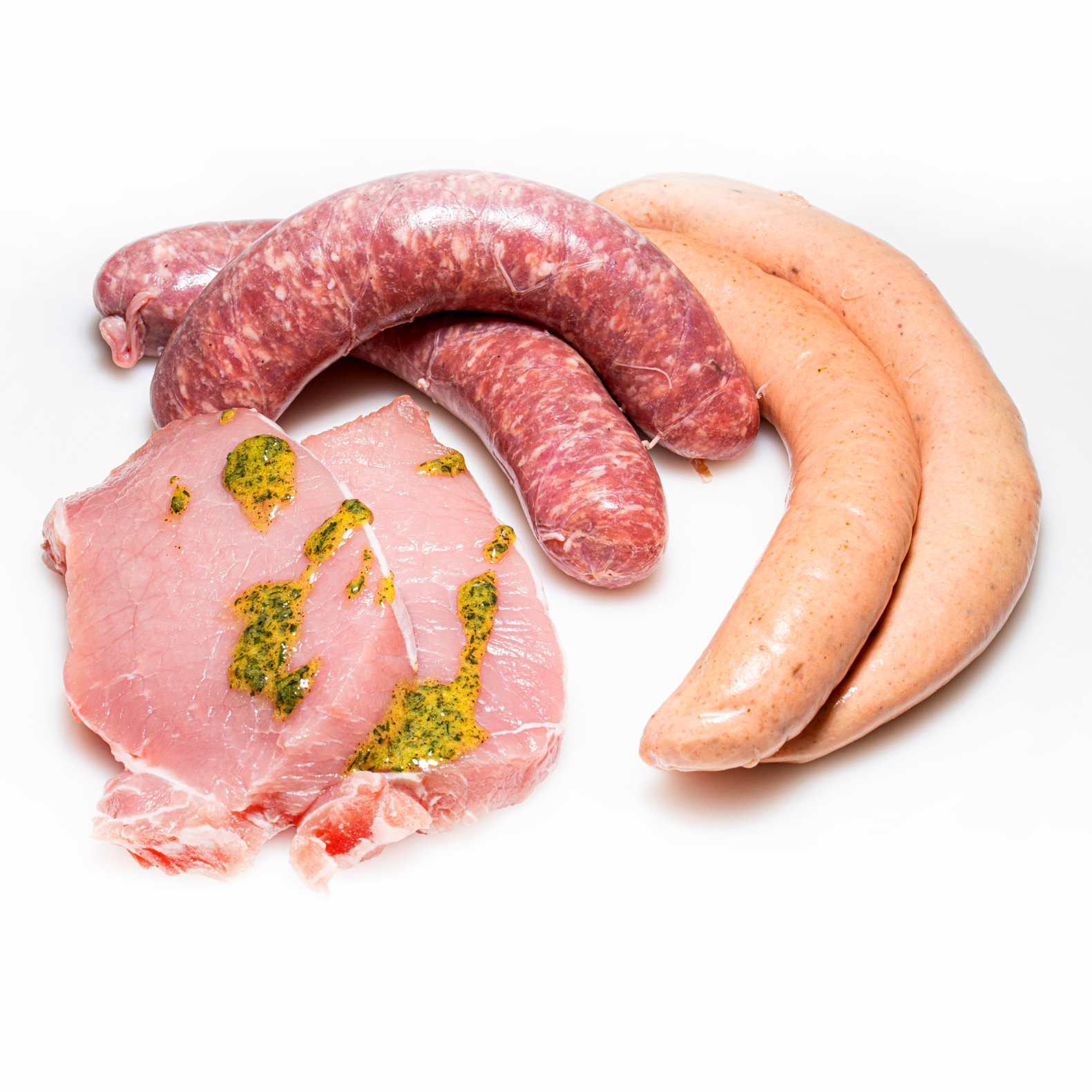 Grillfleisch-Paket mit 2x Roster, 2x Bratwurst und 2x marinierten Schweinerueckensteaks