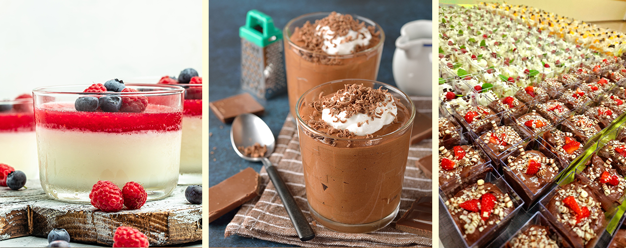 links - Vanillepudding mit Beeren, mitte - Mousse au Chocolatte, rechts - aufgereite Schoko- und Vanille-Desserts