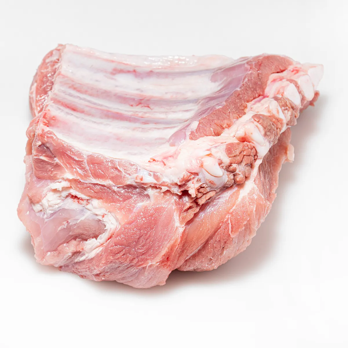 Dicke Rippe vom Schwein mit viel Fleischanteil und Knochen auf weißem Hintergrund.